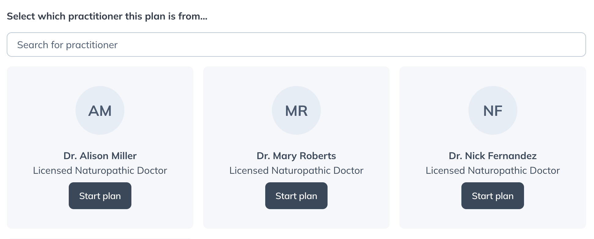 Practitioner selection menu before starting a plan